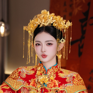 国风高级全金色新娘中式婚礼凤凰流苏凤冠古典精致后区龙凤褂头饰