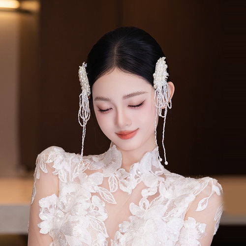 新娘发饰唯美白色串珠流苏发夹甜美气质感结婚晨袍婚纱敬酒服配饰