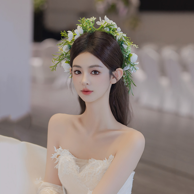 森系新娘头饰韩式永生花满天星花环花童走秀婚礼婚纱摄影结婚头饰