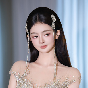 2025韩系新款新娘头饰高级感长款流苏对夹简约婚纱礼服时尚配饰品