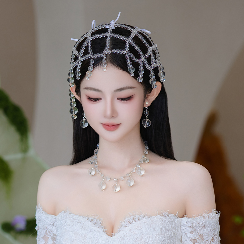 新款网红梦幻透明水晶帽形新娘礼服高级感小众气质时尚拍照头饰品