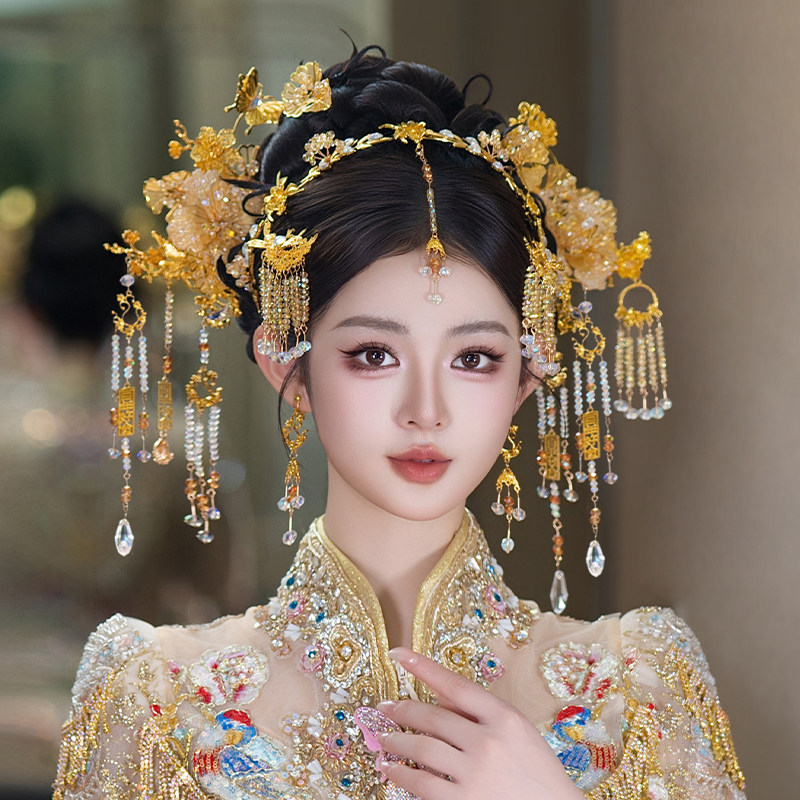 新娘发饰古风秀禾中式婚礼饱满造液花流苏眉心坠发箍高级侧边发饰