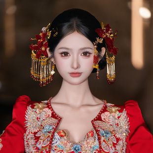 复古新中式新娘发饰品红色高级手作绒花宽面流苏秀禾婚礼古典发饰