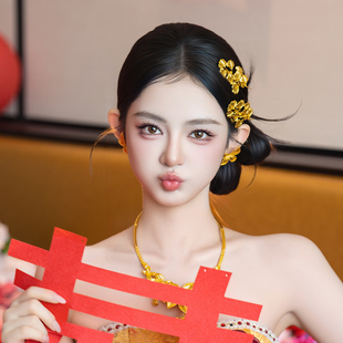 新娘金色高级小众头饰新款氛围感银杏树叶新中式订婚礼服晨袍配饰