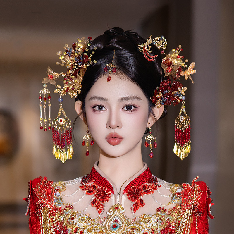 新娘头饰新中式复古造型盘发簪子秀禾服结婚新款红色眉心坠发饰品