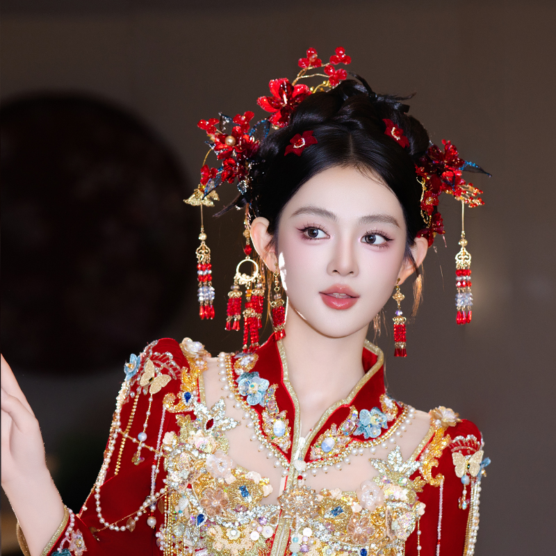 新娘红色系复古流苏簪子盘发饰品手工新款结婚头饰中式秀禾服发饰