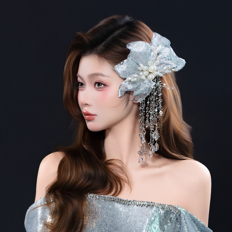 复古新娘珍珠花朵写真结婚头饰礼服精致银色侧边发夹流苏重工发饰
