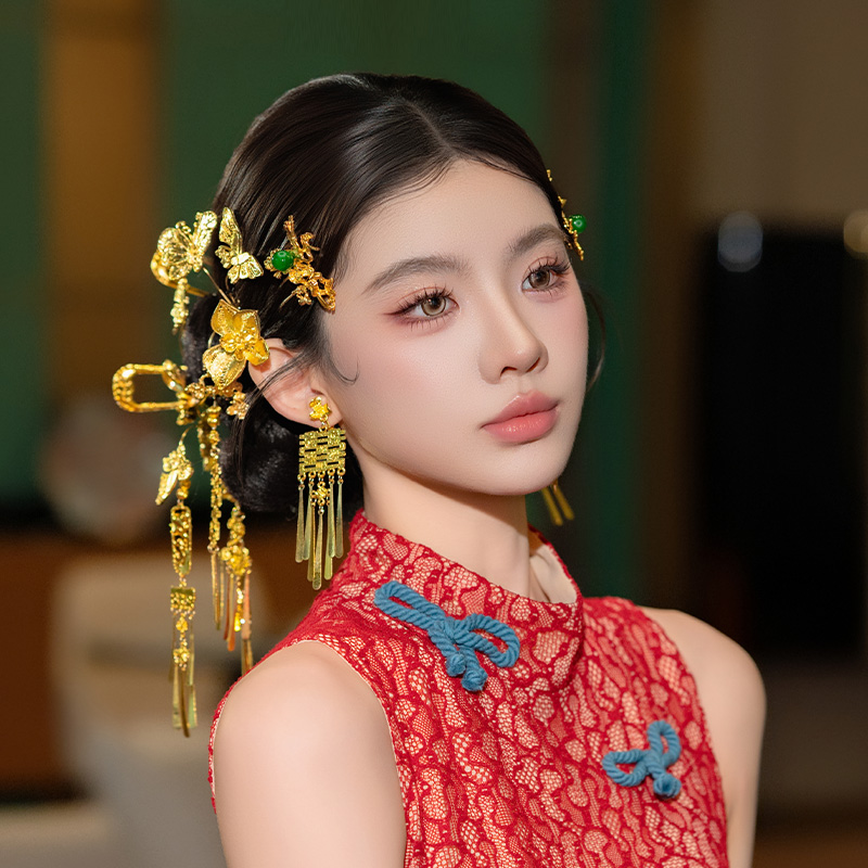 中式新娘发饰品套装金色蝴蝶喜字喜字流苏复古发钗秀禾服旗袍配饰