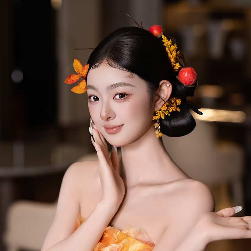 新娘头饰仿真柿子橘色系结婚配饰新款创意新中式古风发饰柿柿如意