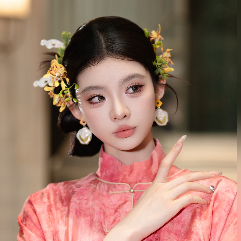 新中式新娘仿真花国风发簪小众高级感头饰气质套装旗袍马面裙配饰