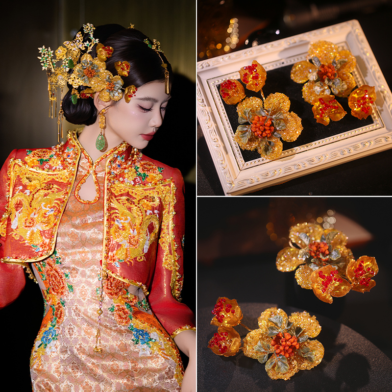 中式新娘富贵感仿真花头饰秀禾服金色龙凤褂结婚发夹礼服古风发饰