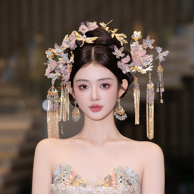 古风浅色新娘中式秀禾减龄甜美花朵发簪唯美头饰晨袍龙凤褂配饰品