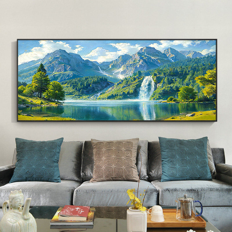 纯手绘油画客厅装饰画风景山水青山绿水挂画现代简约新中式大芬村