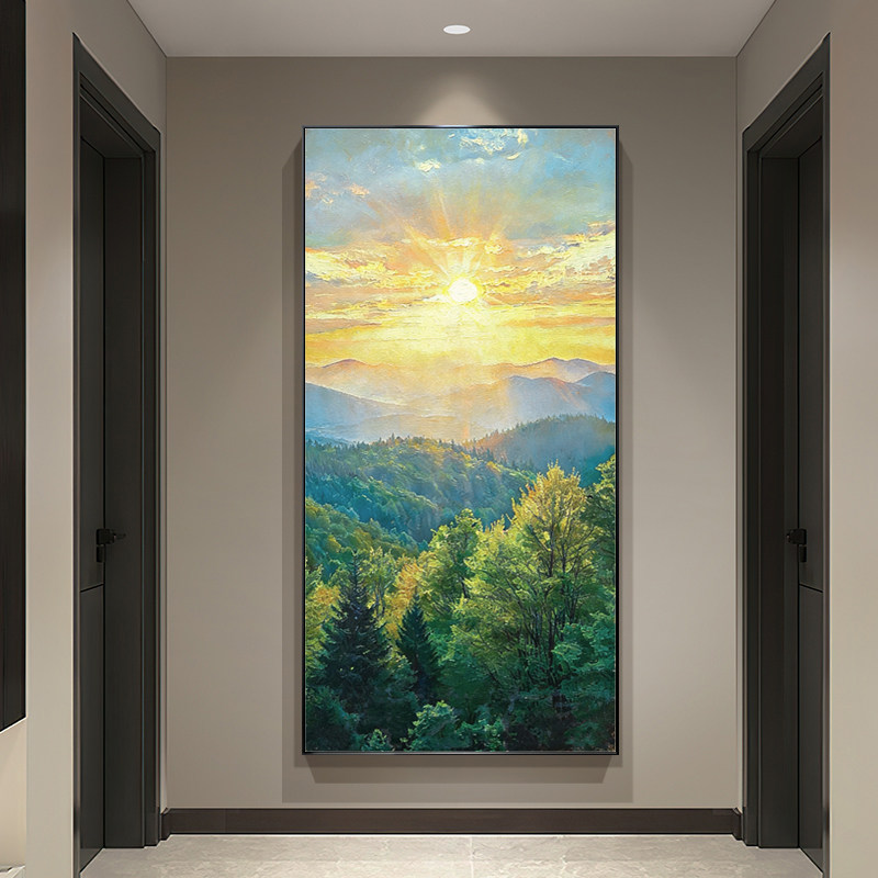 手绘油画玄关装饰画日出东方现代简约轻奢绿色风景画走廊过道挂画