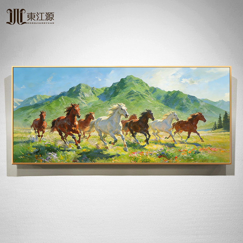 手绘油画八骏马图新中式现代简约轻奢沙发背景墙客厅装饰画大芬村