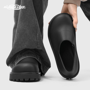 AUBGCHKC穆勒勃肯鞋子男女款厚底增高黑色皮鞋一脚蹬休闲乐福鞋男