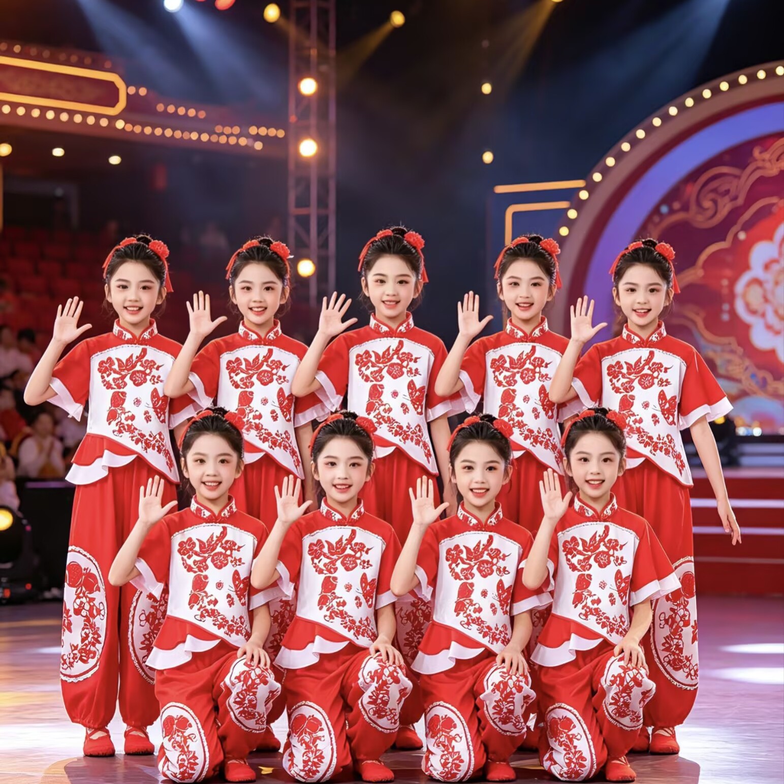 六一新款儿童秧歌舞蹈演出服男女红色喜庆打鼓服开门红扇子表演服