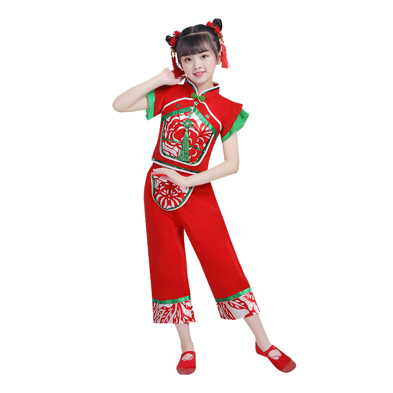 六一儿童秧歌服中国风表演服扇子舞开门红女童打鼓服春喜庆演出服