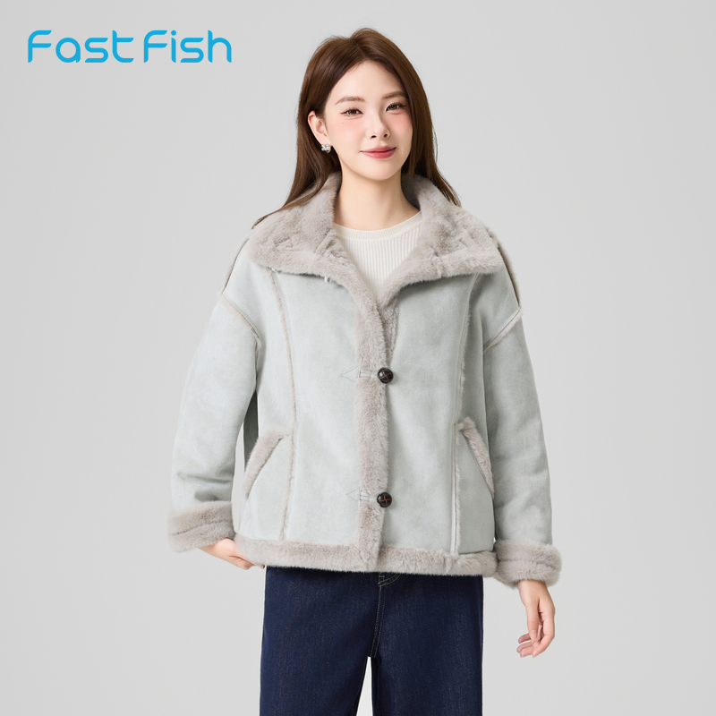 快鱼羊羔毛外套女2025新款冬季皮毛一体宽松舒适小个子加厚夹克