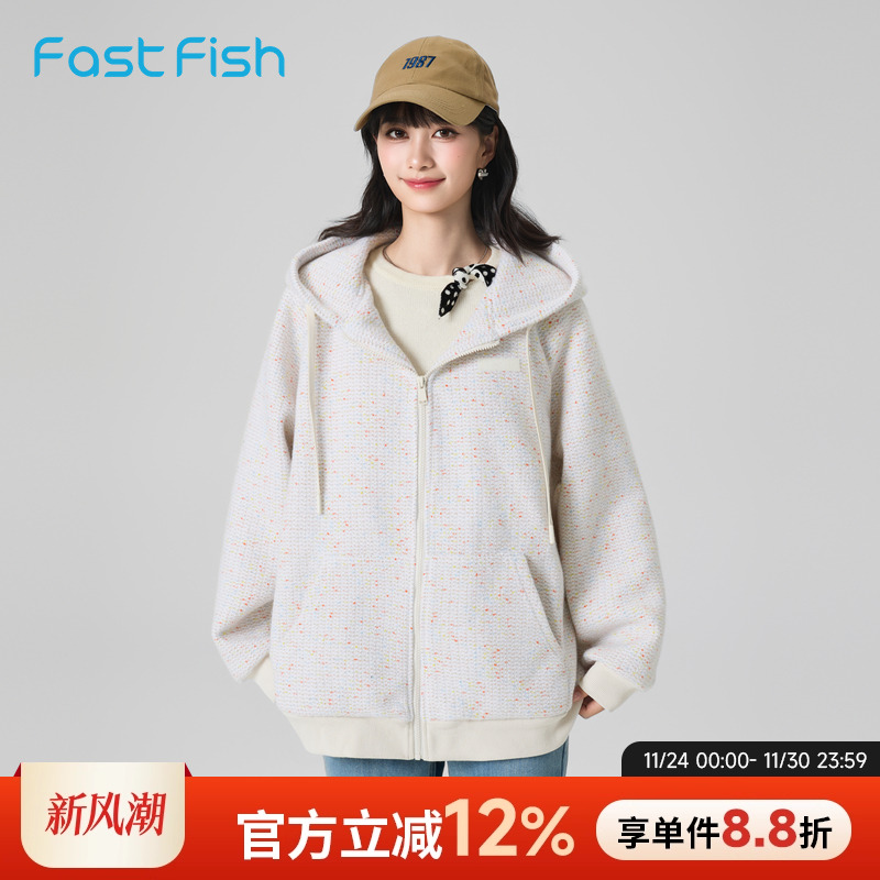 快鱼2025冬季美式碎花连帽卫衣外套外搭拉链开衫上衣针织外套