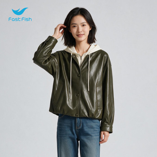 快鱼假两件连帽皮衣外套女冬款韩版拼接卫衣帽PU皮夹克复古机车服