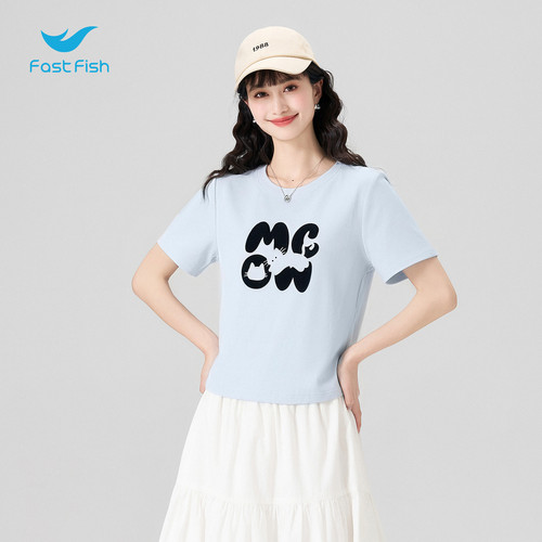 快鱼韩系设计感猫咪短袖T恤女