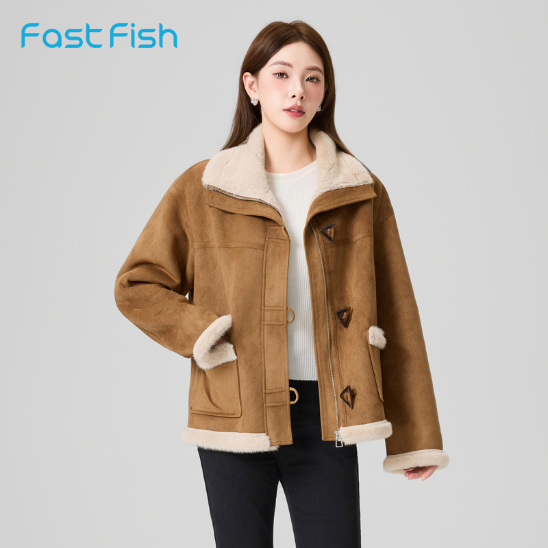 快鱼2025年冬季新款女士羊羔毛外套保暖洋气大翻领毛毛美拉德上衣