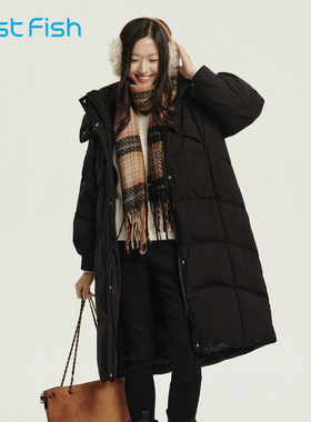 快鱼羽绒服女2025年冬新款女士长款简约纯色韩版廓形加厚上衣外套