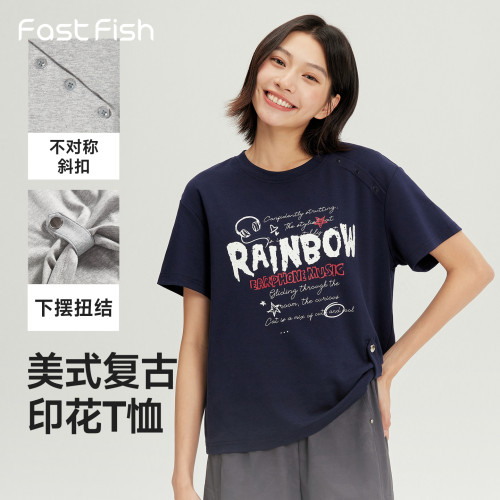快鱼2026年夏季新品字母印花T恤街头宽松百搭短袖女子韩版潮上衣