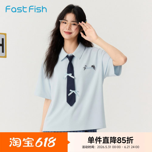快鱼polo衫女短袖夏薄款2026新款老钱风正肩T恤猫咪刺绣休闲上衣