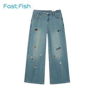 快鱼牛仔裤女2026新款春秋款美式复古刺绣高腰阔腿裤宽松显瘦裤子