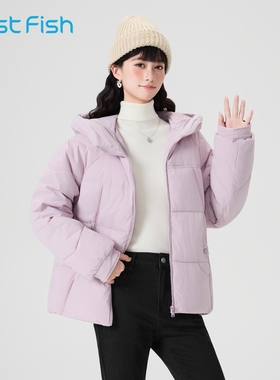 快鱼棉服女2025年冬季新款微宽松净色短款连帽外套防寒加厚小棉袄