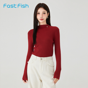 快鱼2024年冬新女士半高领净色保暖针织衫领口欧根纱洋气时尚毛衣