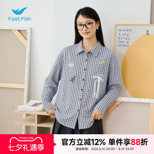 快鱼2026年夏季新品格纹泡泡感衬衫女士蝴蝶结宽松落肩版型衬衣