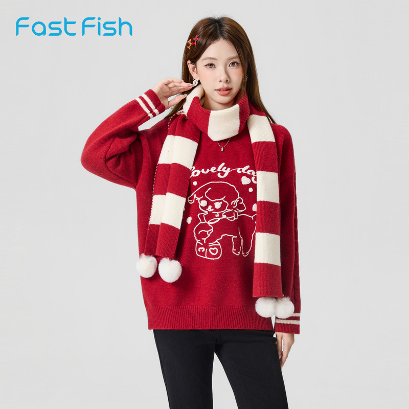 快鱼2025冬季女士减龄卡通图案上衣简约百搭新年圣氛围圣诞节毛衣