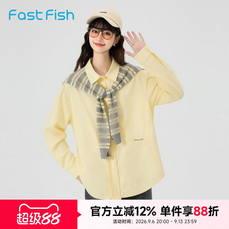 快鱼2026夏季学院风带披肩衬衫女长袖新款薄款高级感宽松上衣衬衣图片