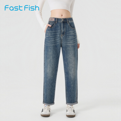 快鱼2026年夏季新款宽松舒适半松紧腰围女士裤简约锥形裤牛仔裤子
