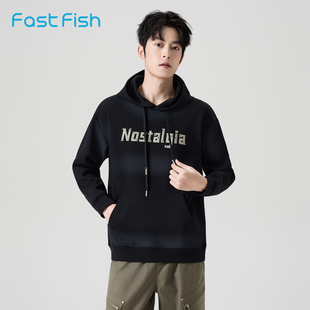 快鱼2026春季喷印做旧男款卫衣连帽宽松字母套头衫百搭长袖男卫衣