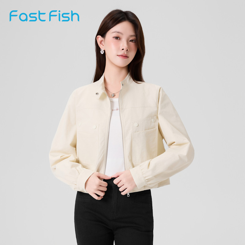 快鱼2025年秋新款米白休闲茄克宽松简约短款工装立领开衫外套女,女装/女士精品,短外套,淘宝优惠券,粉丝福利购,淘宝优惠卷