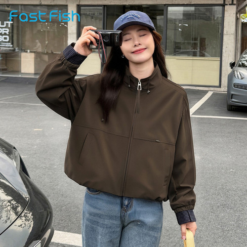 快鱼2026春季新款女立领拼接茄克韩系设计感格子短外套百搭上衣