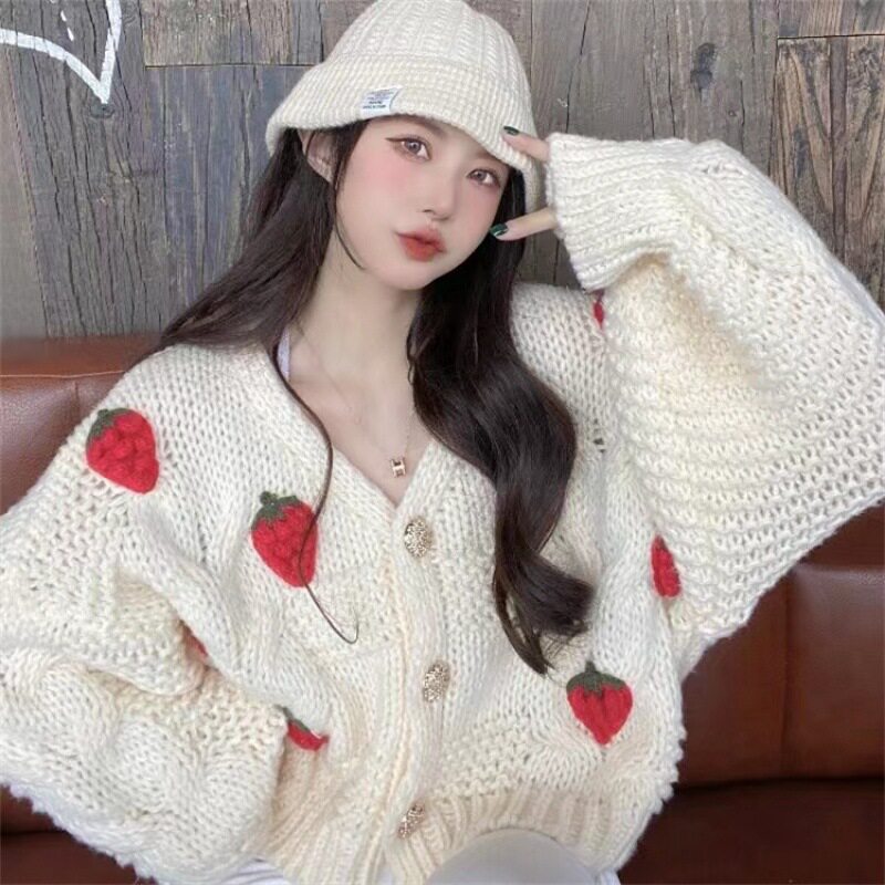 温柔粉色毛衣开衫女2025春秋季甜美草莓针织宽松外套V领短款上衣