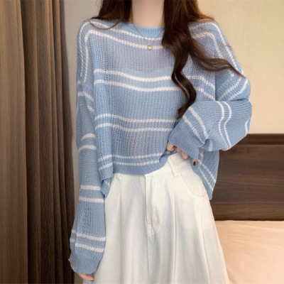 蓝色条纹薄款针织衫女春