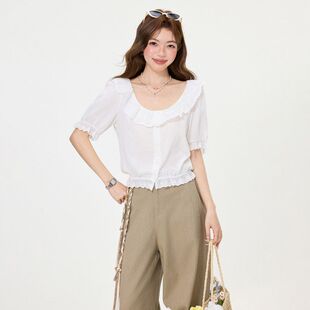 气质上衣女装 韩系白色荷叶娃娃领露肩设计感短袖 T恤2026早春新款
