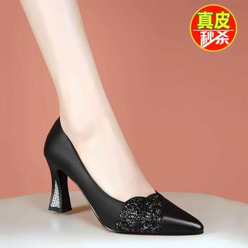 意尔康品牌真皮单鞋女2026夏季新款时尚浅口尖头粗跟气质不累脚高