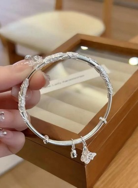 足银999.9繁花似锦实心推拉手镯女花蕊蝴蝶款小众气质高级感手环