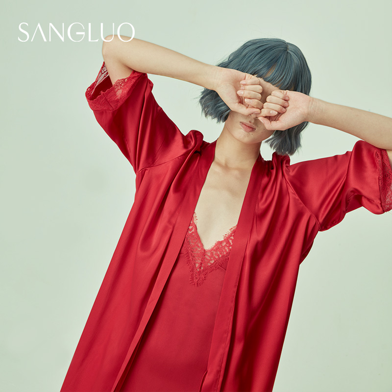 新年礼物』桑罗红色真丝吊带睡裙睡袍两件套装桑蚕丝新娘晨袍送人