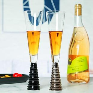出口欧美黑色螺纹造型红酒杯餐桌摆台香槟杯样板房间装 饰高脚杯子