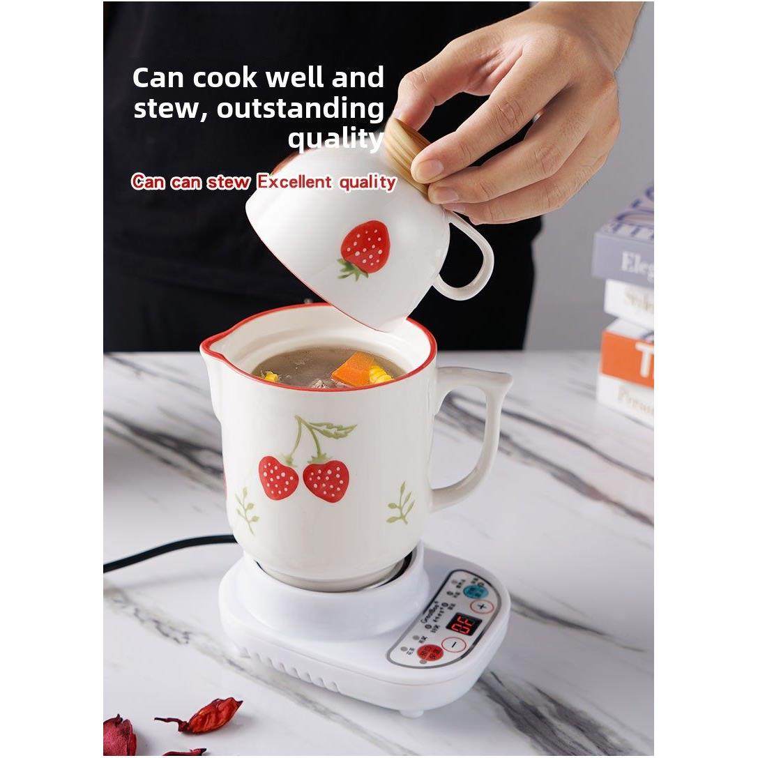 便携式养生杯电炖电热杯草莓陶瓷杯迷你多功能煮粥杯加热牛奶水杯