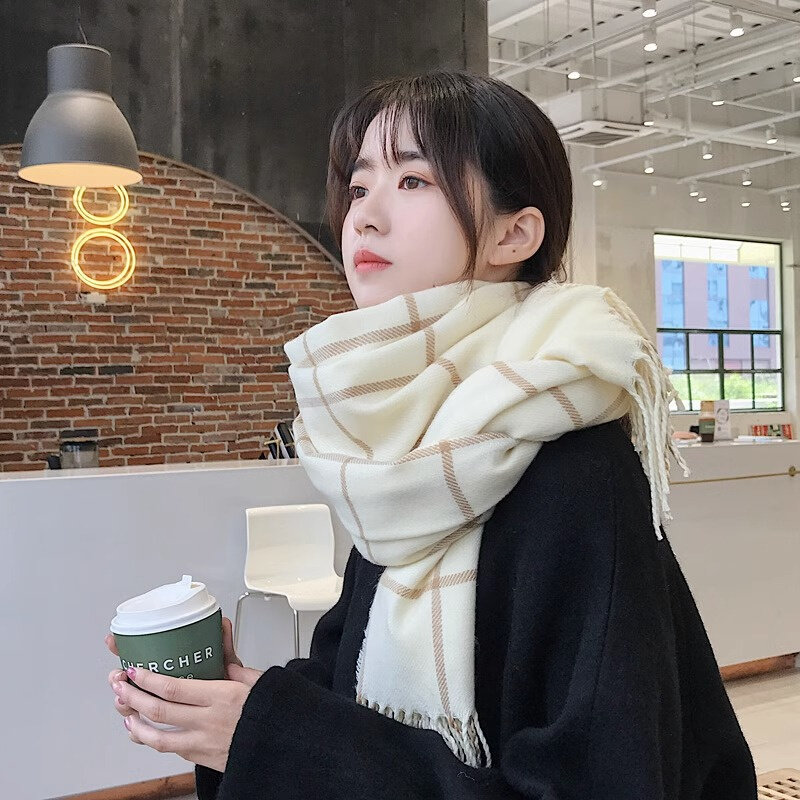 LILY MOST秋冬羊绒棋盘格子围巾女潮ins韩版加厚保暖流苏披肩围脖