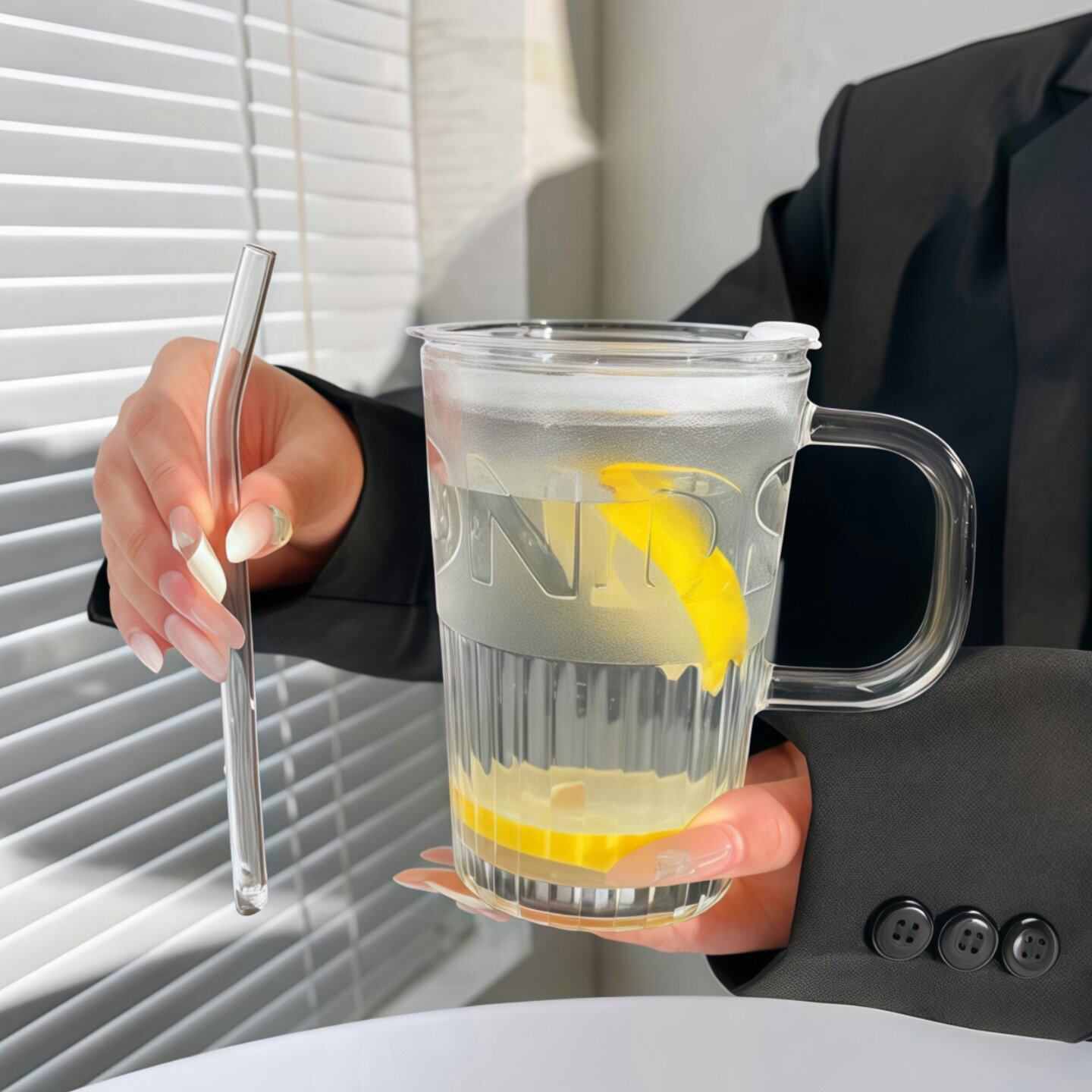 杯子玻璃杯高硼硅带盖耐高温吸管咖啡杯便携外带果汁杯夏季水杯